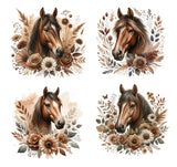 4 Piece 6x6 Brown Floral Horses 100% Cotton Fabric Panel Squares | Quilting Sewing Blocks MP114