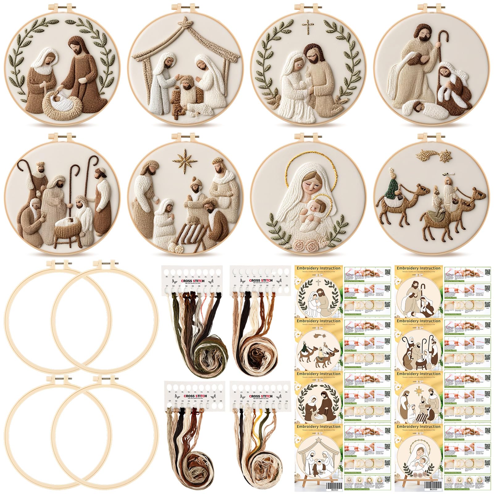 Peryiter 8 Pcs Christmas Nativity Scene Embroidery Kit Christmas Cross Stitch Sets DIY Embroidery Kit for Adults Beginner with T