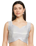 Vihu Fashion Women's Multicolor Sweetheart Neck Georgette Line Soft Sequence Zari Work Sleeves Readymade Saree Blouse (Silver, 3