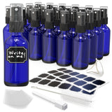 Nevlers 2 Oz Glass Spray Bottles Mist Sprayer 24 Pack | Cobalt Blue Glass Bottle Sprayer Set w/Shrink Wrap, Funnel, Brush, Marke
