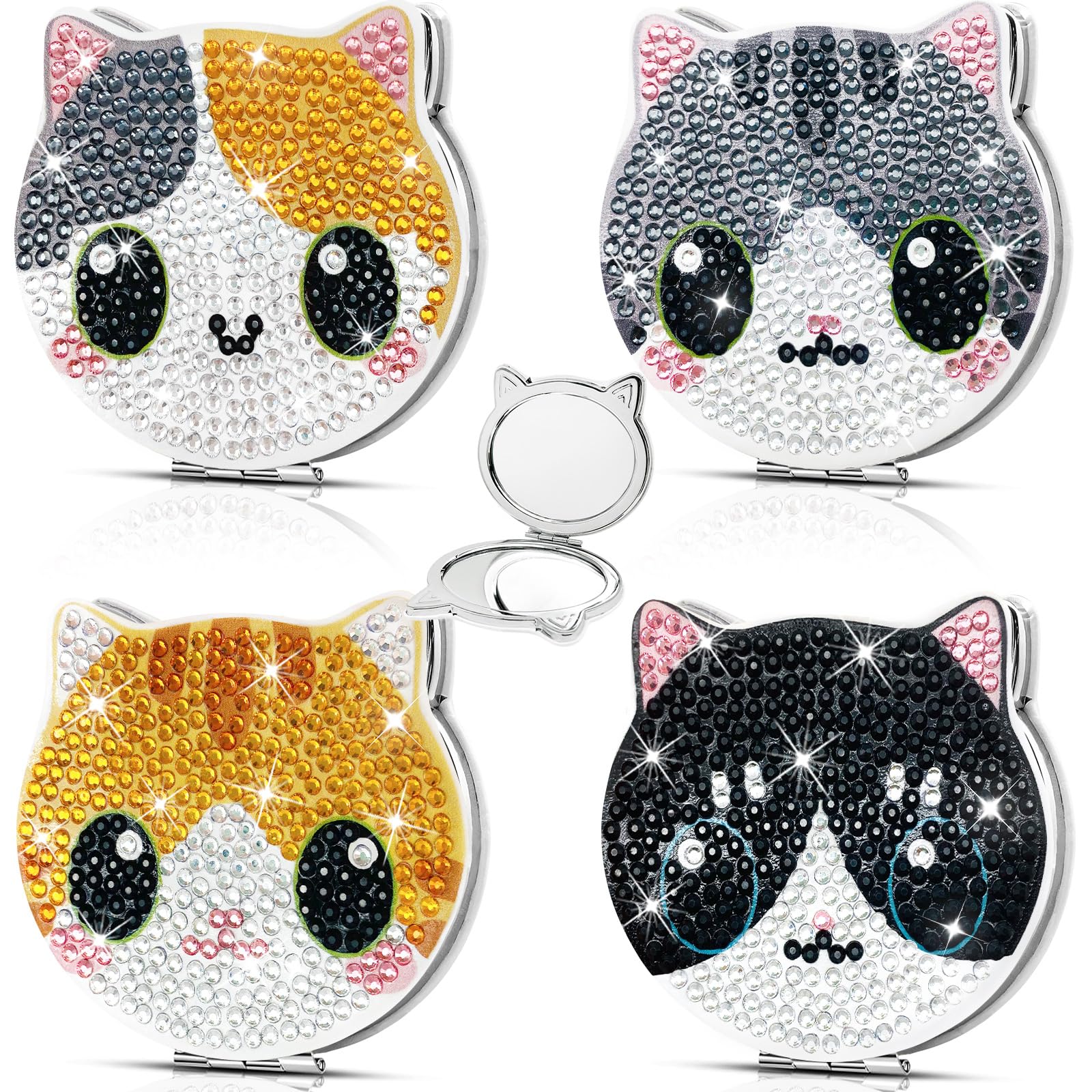 FILASLFT Cat Diamond Painting Compact Mirror Crystal Makeup Mirror DIY Diamond Art Pocket Mirror Portable Foldable Mirror 4 Pcs 