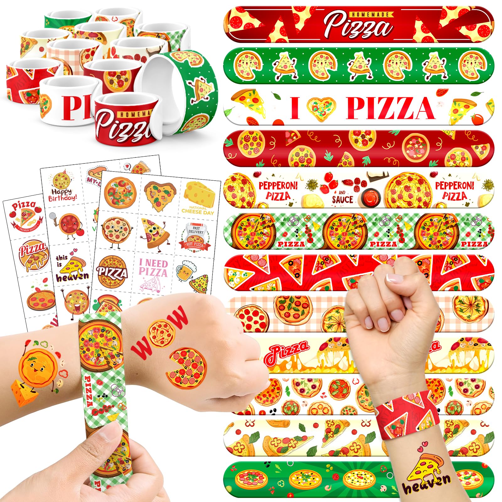 60 PCS Pizza Party Favors Set - 36 Temporary Tattoos Sticker & 24 Slap Bracelets for Kids, Perfect for Birthday Parties, Classro