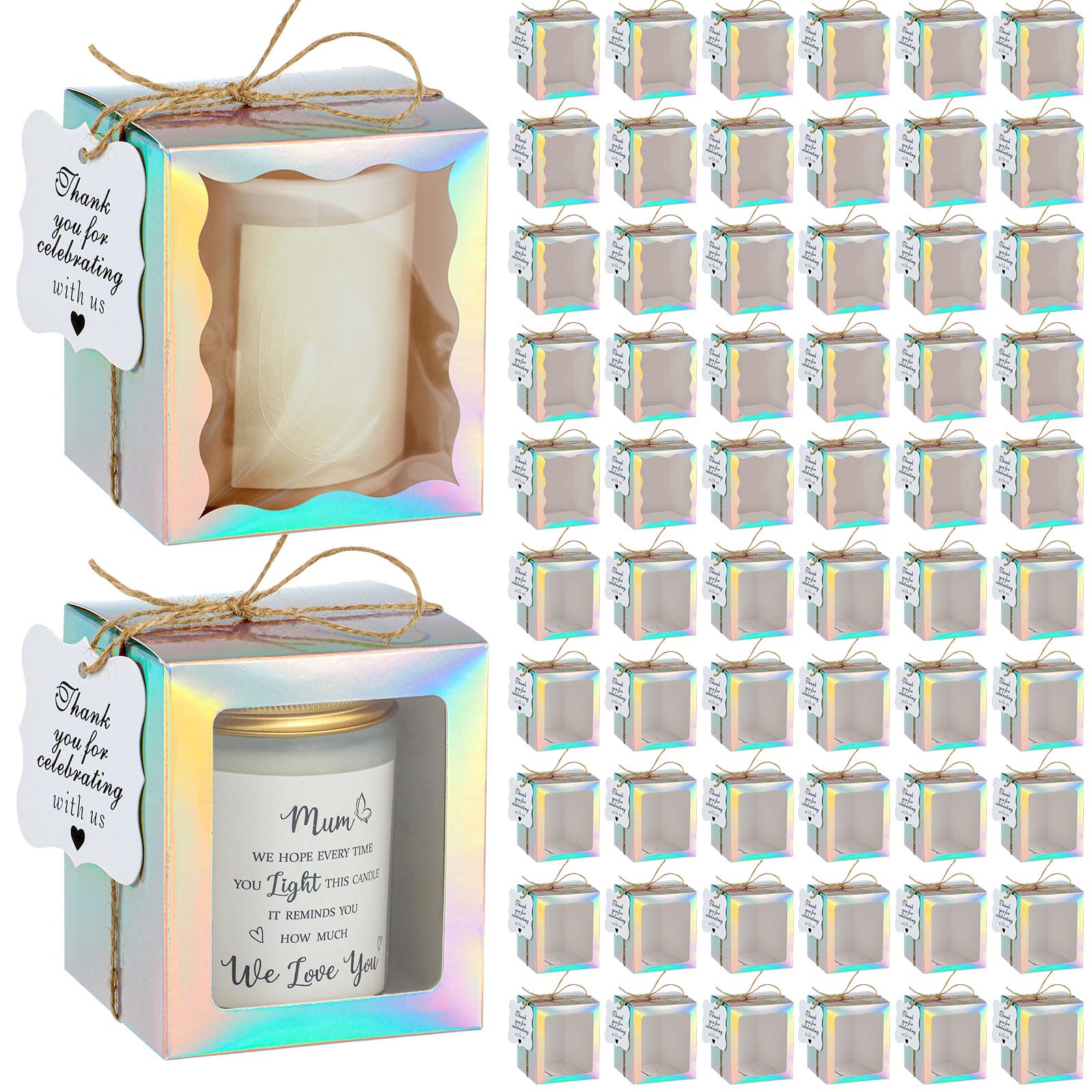 ReliThick 100 Set Candle Gift Box Transparent Gift Packaging Box for 4-10 oz Candles 50 Paper Thank You Tag Bundle Hemp Rope for