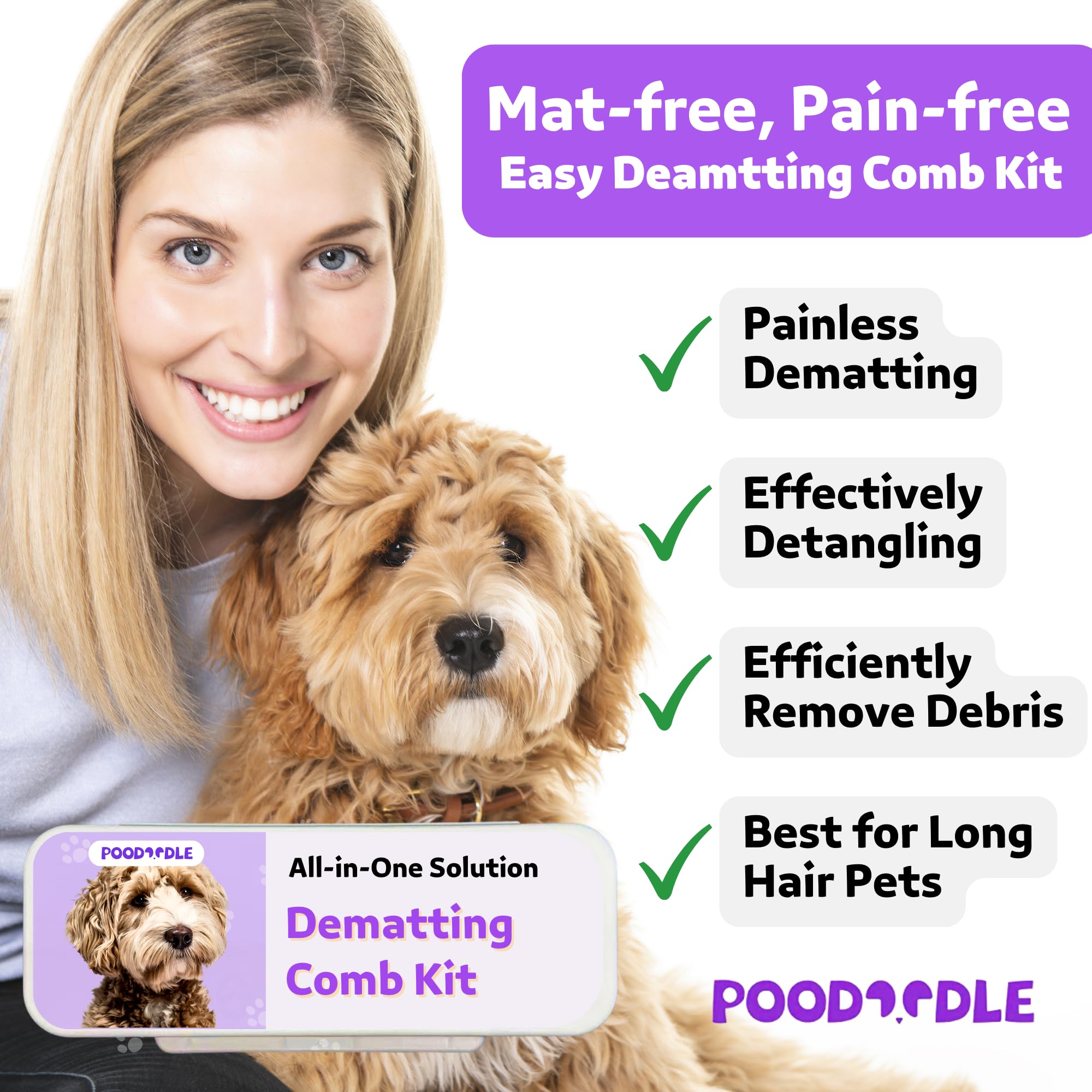 Poodoodle Pain-Free Dematting Comb Kit for Dogs & Cats, Dematting Rake & Detangling Dual-Side Comb Set, Dematting Brush for Dogs