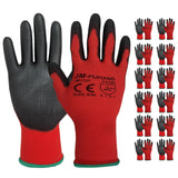 JM-FUHAND Ultra-Thin PU Coated Safety Work Gloves, 12 Pairs, Red, Large