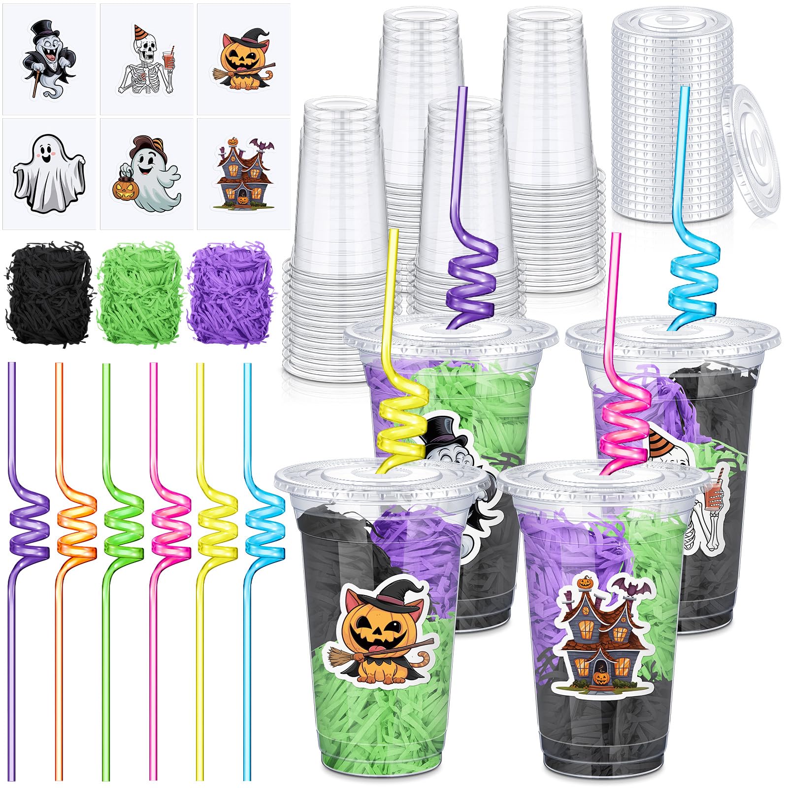 Qinyoung 24 Set Creative Halloween Classroom Favor Trick or Treat Plastic Cup with Lid Colorful Straw Sticker and Raffia Treat L