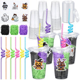 Qinyoung 24 Set Creative Halloween Classroom Favor Trick or Treat Plastic Cup with Lid Colorful Straw Sticker and Raffia Treat L