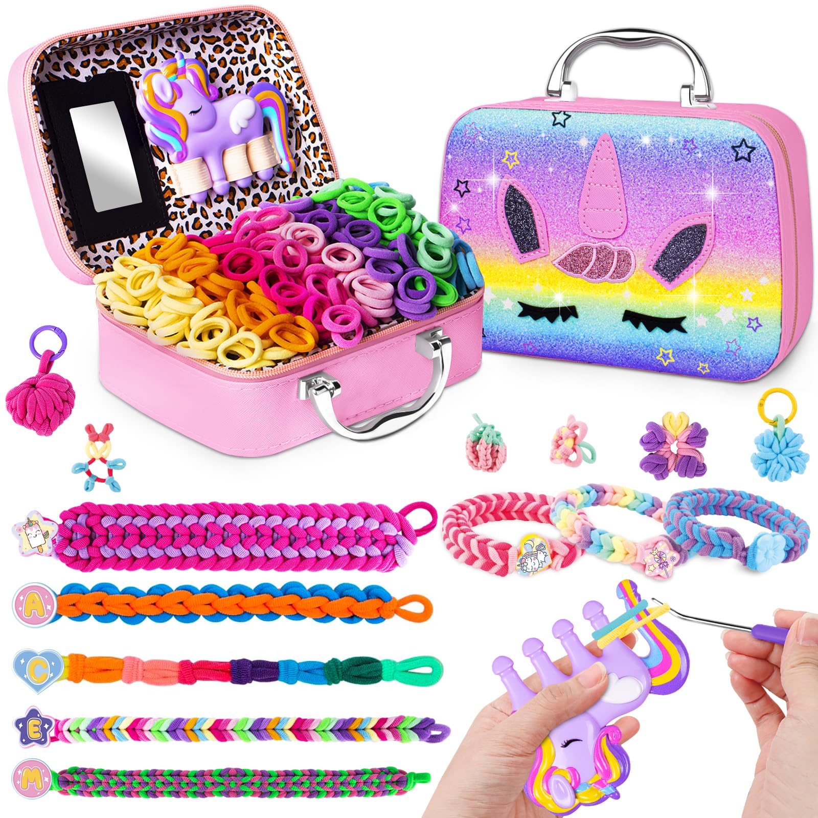 Bracelet Making Kit for Girls 6 7 8-12, Cloth Rubber Band Bracelet Kit with 1000+ Loom Bands, Unicorn Weaving Loom & Organizer C