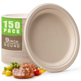 Gezond 150pcs Compostable Paper Plates 9 Inch Disposable Plates Unbleached Heavy Duty Eco-friendly Sugarcane Fiber Biodegradable