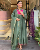 Gosriki Women'S Rayon Viscose Embroidered Anarkali Kurta With Pant & Dupatta (Brics Pista-Gs_M_Pista_Medium),Pista,,B0F1TC7R4X