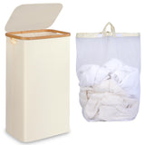 iEGrow Slim Laundry Hamper,75L Beige Narrow Laundry Basket with Lid,Foldable Clothes Hamper with Bamboo Handles,Hamper Basket wi