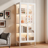 Glass Display Cabinet with LED Lights, White Curio Glass Showcase, 66 Tall Metal Storage Cabinet with Doors and Adjustable Shel