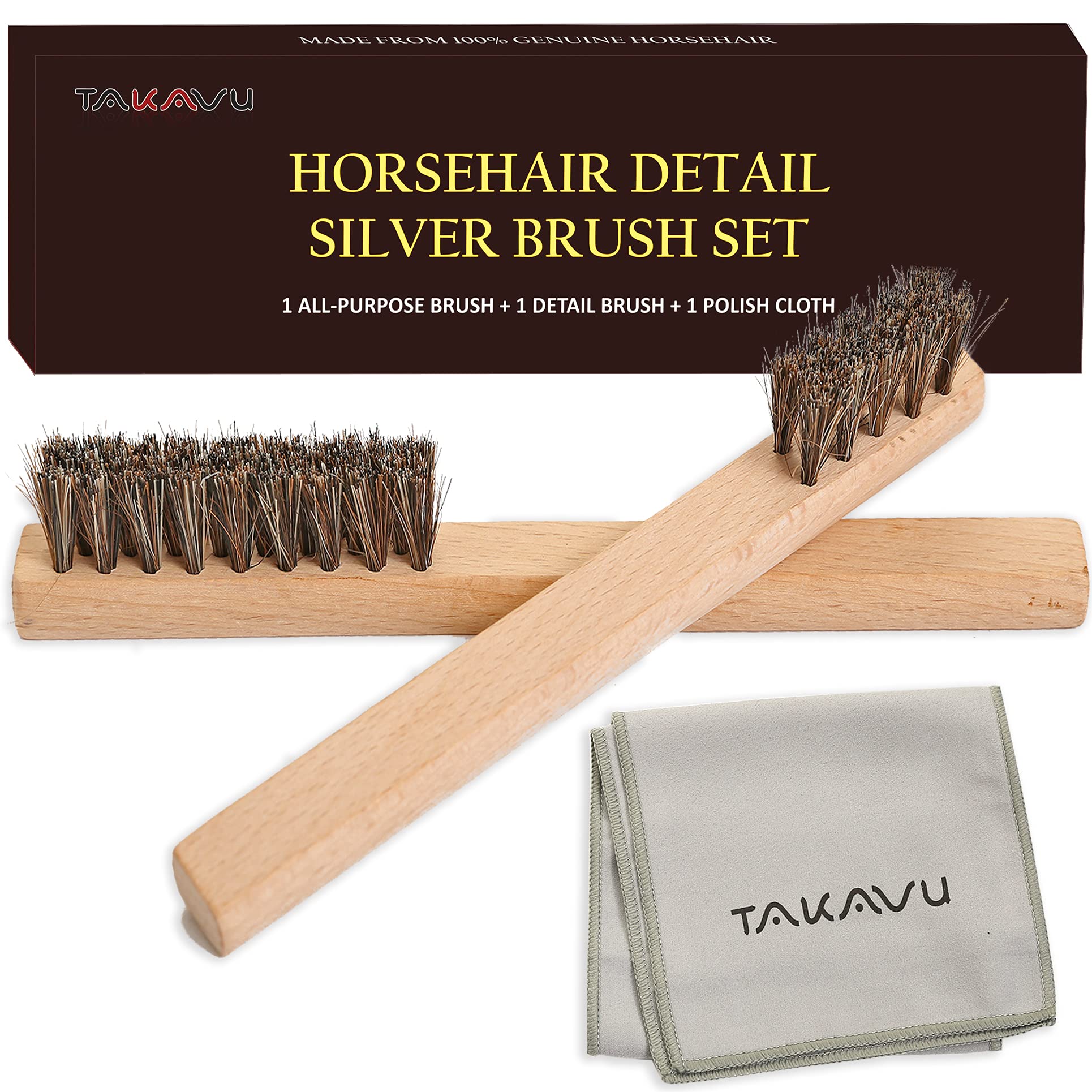 Horsehair Detail Brush Set, 2 Silver Cleaning Brushes And Polish Cloth Perfect For Detailing, Polish Work, Fine And Heirloom Sil