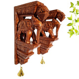 Jline Arts Wooden Elephant Wall Bracket Pair 12 Inch | HandCarved Solid Wood Corbels With Brass Bells | Brown Polish Finish Tra