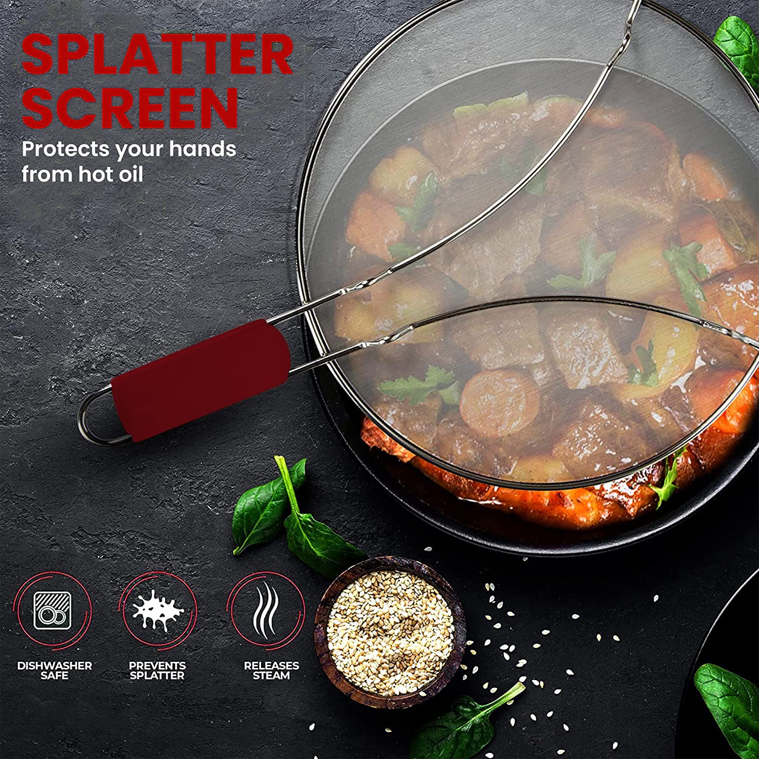 13 Grease Splatter Screen for Cooking | Stainless Steel Oil Splatter Guard and Ultra-Fine Mesh Protects Skin from Burns | TPR