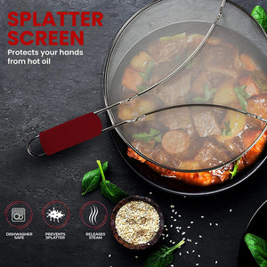 13 Grease Splatter Screen for Cooking | Stainless Steel Oil Splatter Guard and Ultra-Fine Mesh Protects Skin from Burns | TPR