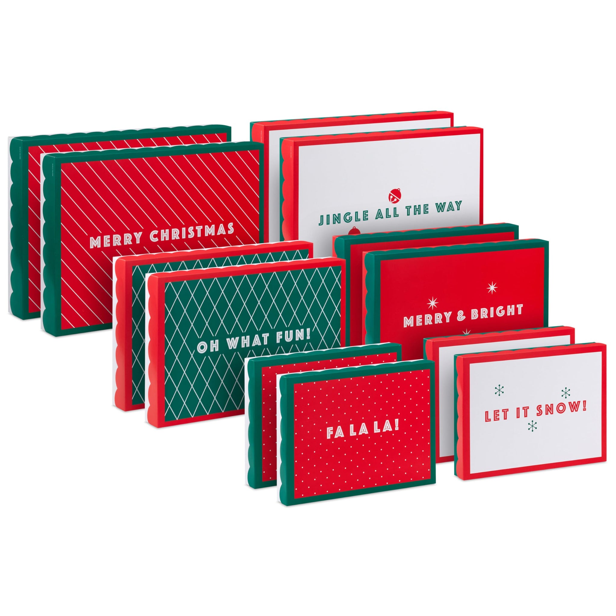 Hallmark Red and Green Christmas Gift Box Assortment (12 Boxes with Scalloped Lids: 4 Small, 4 Medium, 4 Large) for Ties, Socks,