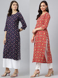 Anni Designer Women'S Crepe Straight Printed Kurta Pack Of 2 (Paga Combo_029_M_Navy Blue & Red_Medium),Navy Blue & Red,M,Crepe,Straight,kurta