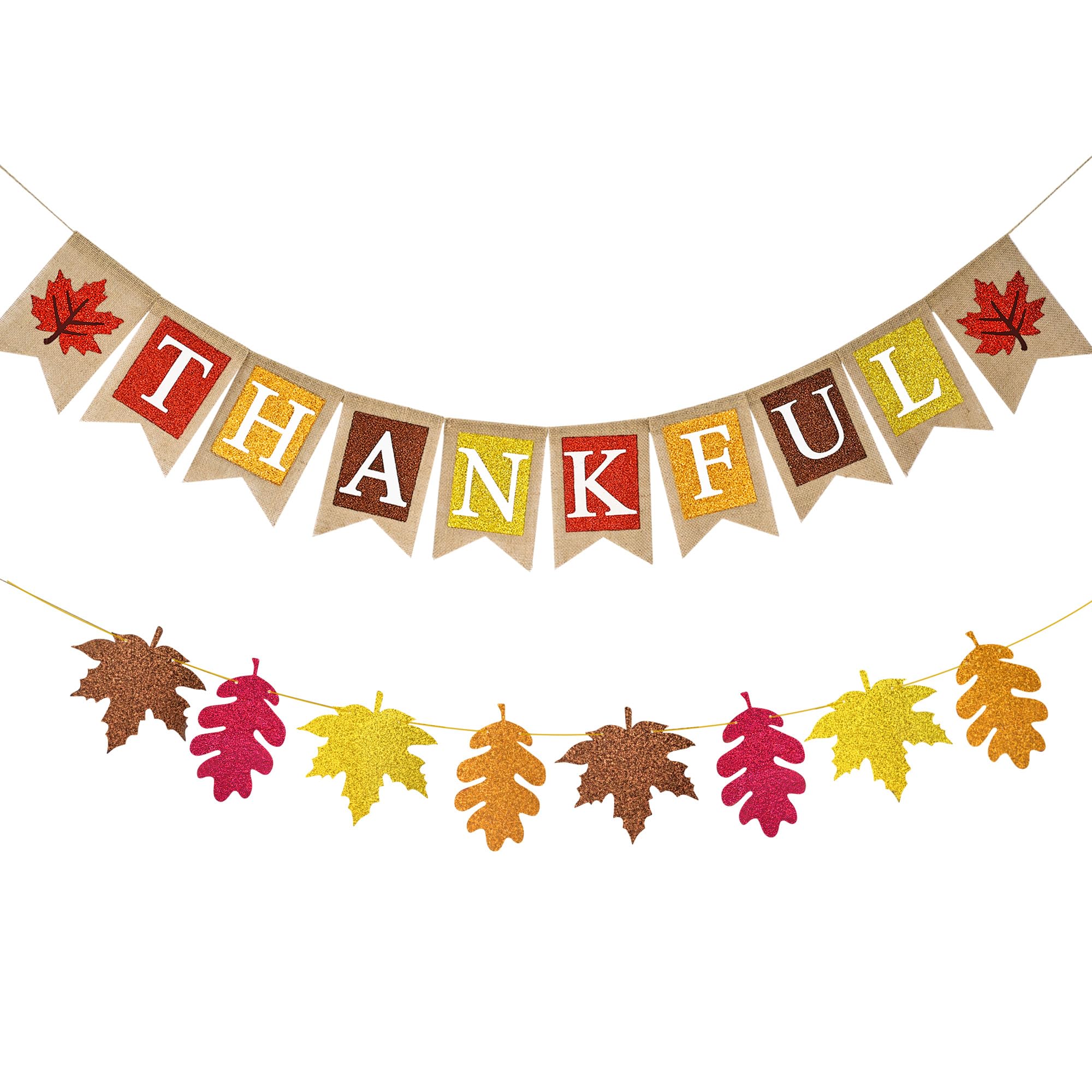 CUUSNNY Thankful Burlap Banner with Maple Leaves,Glitter Rustic Fall Thanksgiving Decorations for Mantle Fireplace,Harvest Party