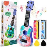 Mini Guitar 10 Inch Musical Toy Guitar Classical Toddler Ukulele with 2 Extra Mini Harmonica 16 Holes and 2 Kids Party Favor (Di