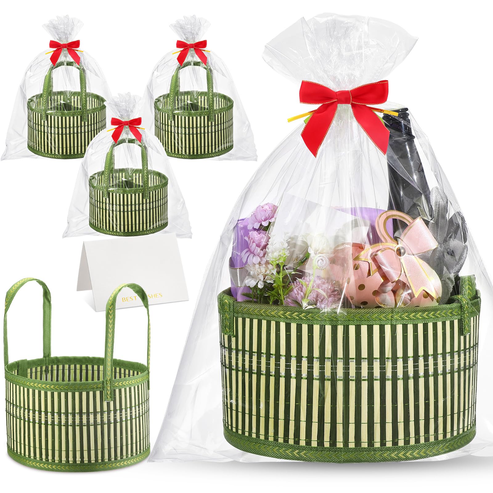 Weysat 3 Set Baskets for Gifts Empty Christmas DIY Bulk Large Woven Bamboo Gift Basket Kit with Handle Wrap Bag Red Bow to Fill 