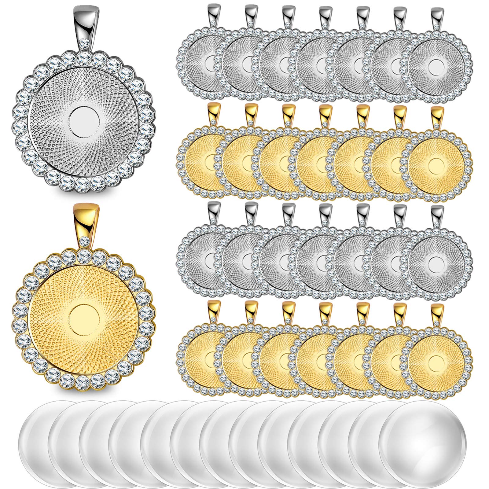 Hicarer 48 Rhinestone Bezel Pendant Trays 24 Pcs Gold Silver 25 mm Round Bezel Trays Blank Pendant Bases with 24 Transparent Gla