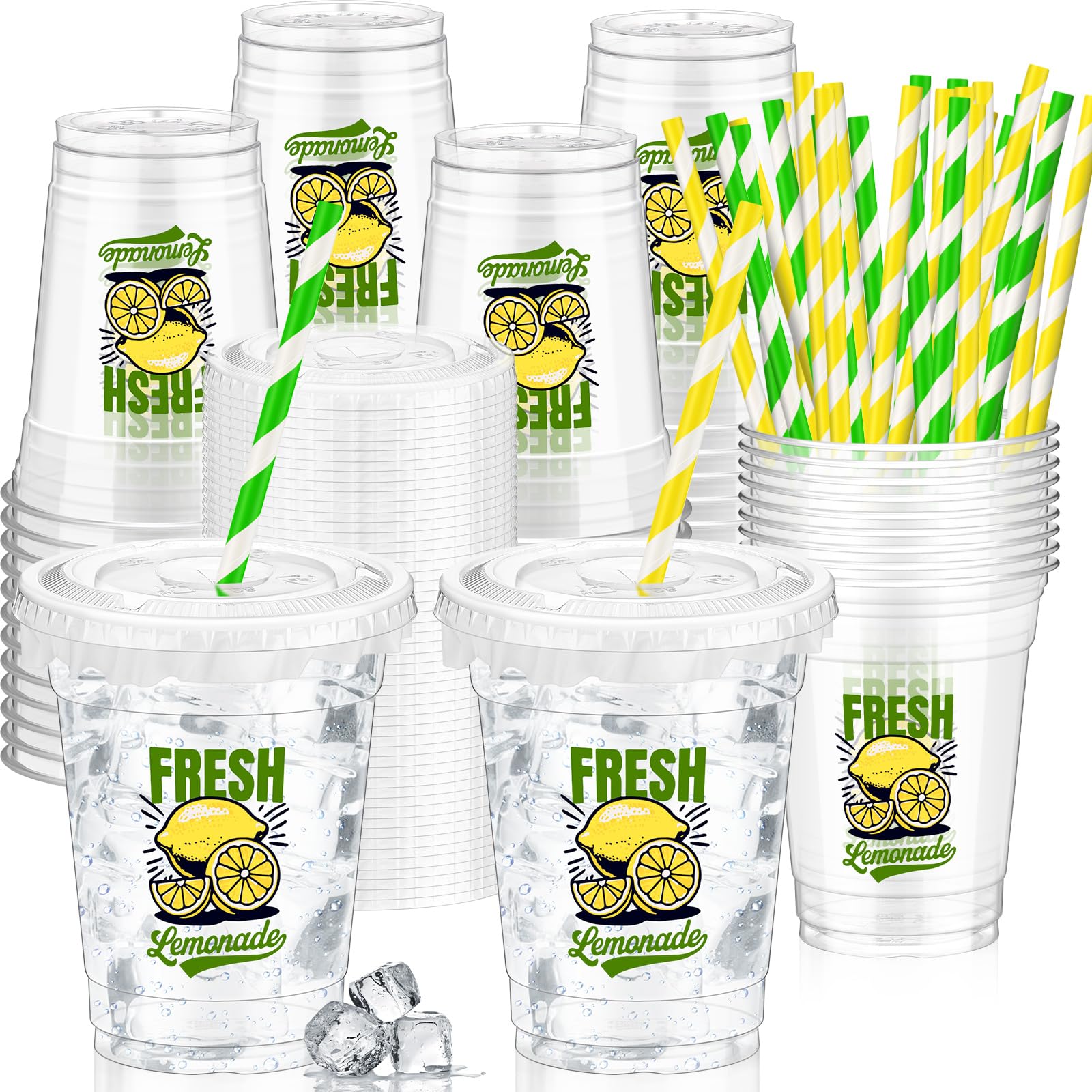 Domensi 50 Sets Lemon Disposable Plastic Cups 12 oz Lemonade Thick Clear Cups with Lids Straws Decoration for Iced Lemonade Juic