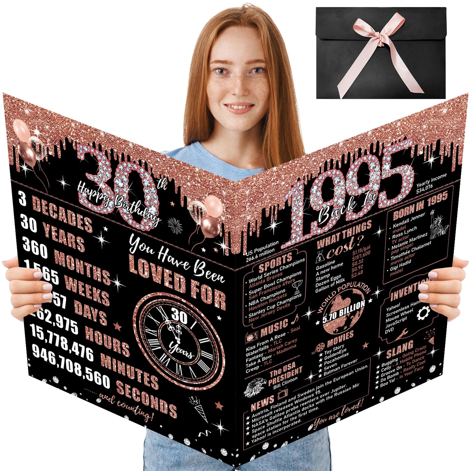 Uiorgui Large 30th Birthday Card for Women with Envelope, Black Rose Gold Happy 30th Birthday Guest Book Gifts Jumbo Thirty Gree