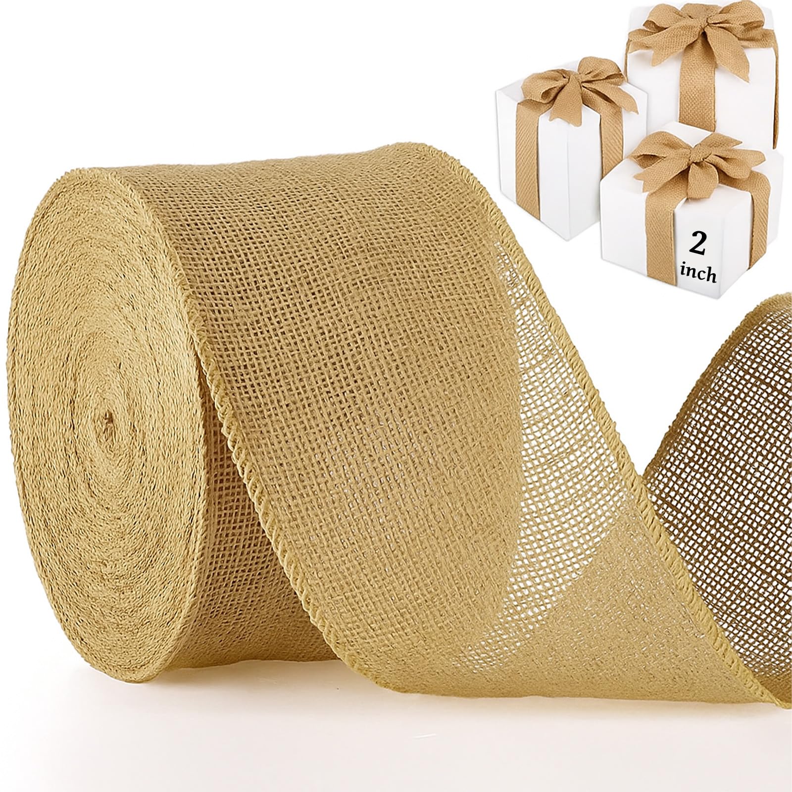 Chuangdi 40 Yard 2 Inches Burlap Ribbon Wide Jute Ribbon Natural Burlap Fabric Roll Wired Edge for Wreaths, Christmas Tree Decor
