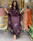 Anni Designer Women'S Rayon Blend Anarkali Printed Kurta With Pant & Dupatta (Gangori Wine_S_Wine_Small),Wine,S,Rayon Blend,Anarkali,