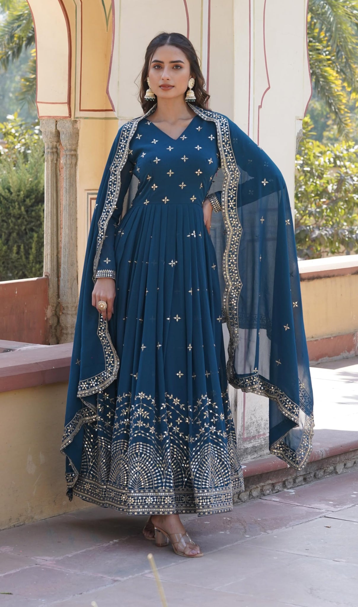 Fashion Basket Turquoise Georgette With Sequins Embroidery Anarkali Kurta Set For Women (In, Alpha, 2Xl, Regular, Turquoise)