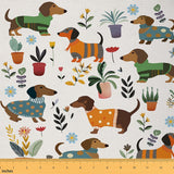 Cartoon Dachshund Fabric by The Yard,Lovely Puppy Dog Upholstery Fabrics for Chairs,Spring Flowers Decorative Fabric for Home DI