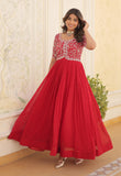 Fashion Basket Georgette Embroidered Anarkali Gown For Women Red Xl