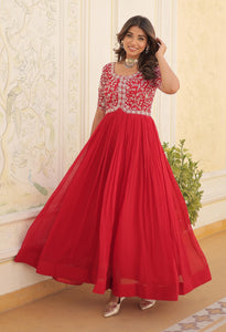 Fashion Basket Georgette Embroidered Anarkali Gown For Women Red L