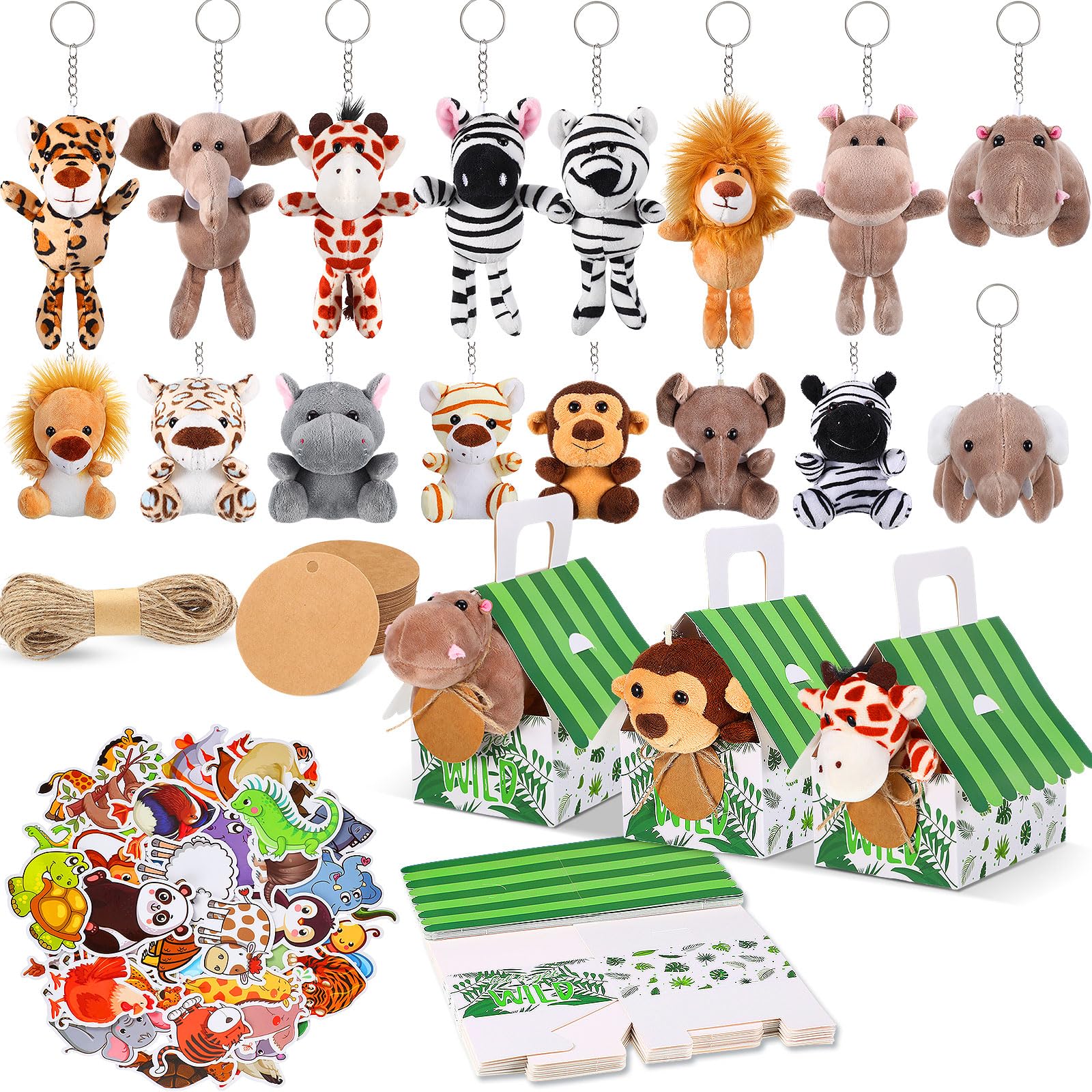 Spakon 88 Pcs Wildlife Party Favors for Boys and Girls Includes 18 Sets Mini Wild Animal Stuffed Animals Plush Keychains Party G