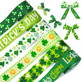 Whaline 6 Rolls St. Patrick's Day Grosgrain Ribbons 30 Yards Green Shamrock Clover Lucky Charm Fabric Craft Ribbon for Wreath Bo