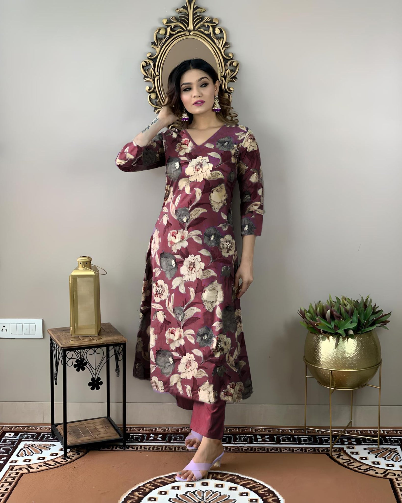 Anni Designer Women'S Cotton Blend Straight Printed Kurta With Pant (Dhun Wine_S_Wine_Small),Wine,S,Rayon Blend,Straight,