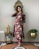Anni Designer Women'S Cotton Blend Straight Printed Kurta With Pant (Dhun Wine_S_Wine_Small),Wine,S,Rayon Blend,Straight,