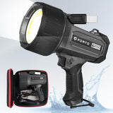 FORTO Rechargeable Spotlight 10000 Lumen Ultra Bright IPX7 Waterproof Flashlight, Boat Spotlight with EVA Carrying Case Tripod, 
