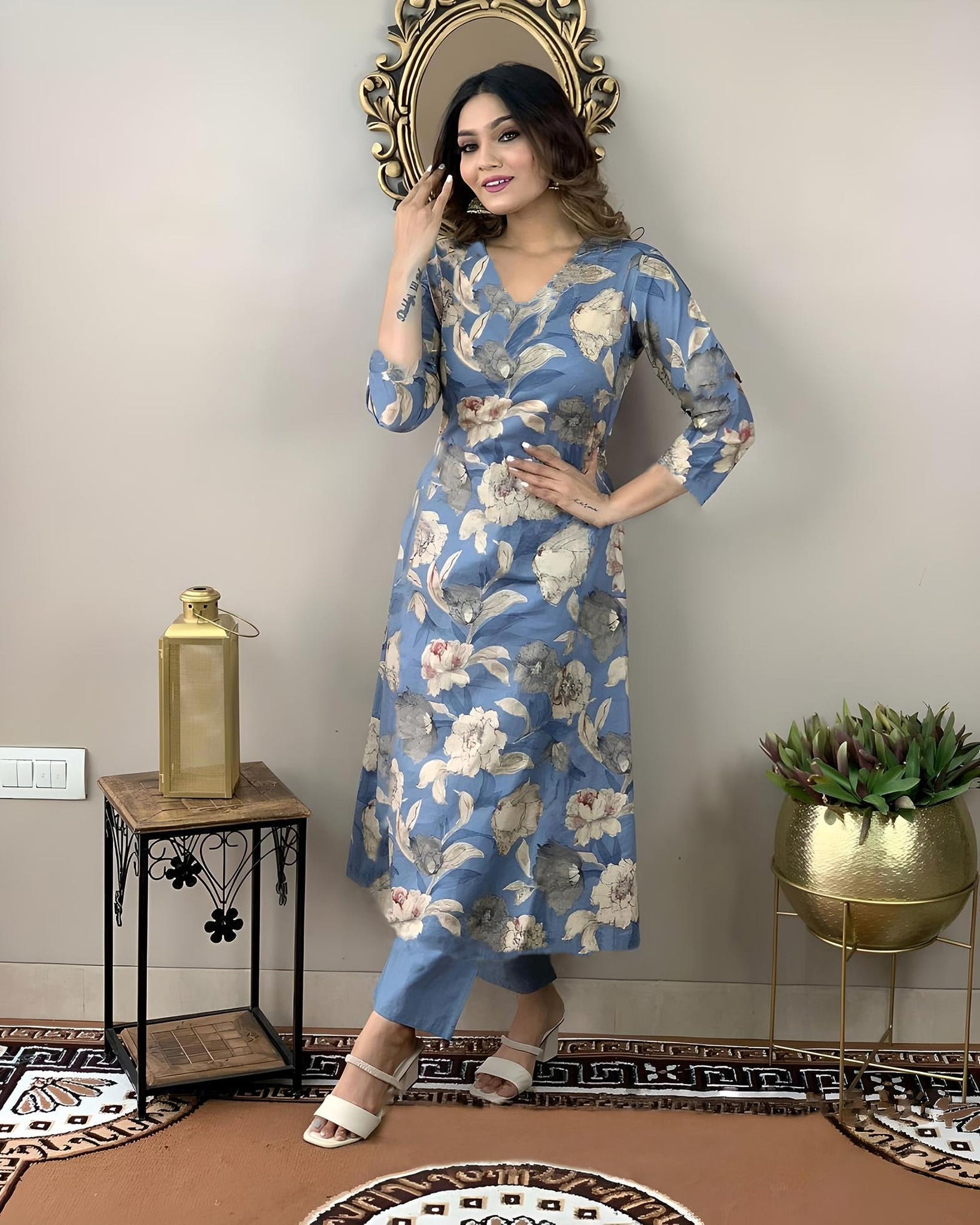 Anni Designer Women'S Rayon Straight Printed Kurta With Pant Set (Dhun-Blue-Nw_S_Blue_Small),Blue,S,Rayon,Regular,Kurta