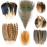 MARFOREVER 100 Pcs Natural Feathers Bulk, 7 Styles Assorted Mixed Pheasant Peacock Feathers Turkey Feather for Halloween Crafts 