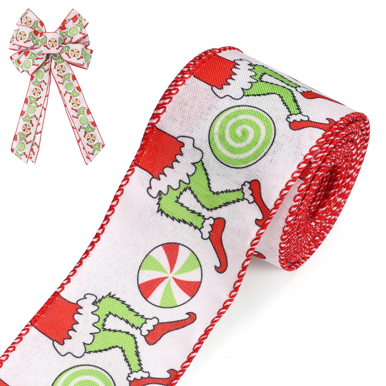 Christmas Ribbon for Tree, Red Green Funny Xmas Cartoon Character Ribbon Wired Peppermint Fabric Ribbons Gift Wrapping DIY Craft