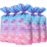 Frienda 100 Pcs Mermaid Party Favors Bags - Wide Bottom Cellophane Treat Bags with 100 Pcs Silver Twist Ties for Mermaid Birthda