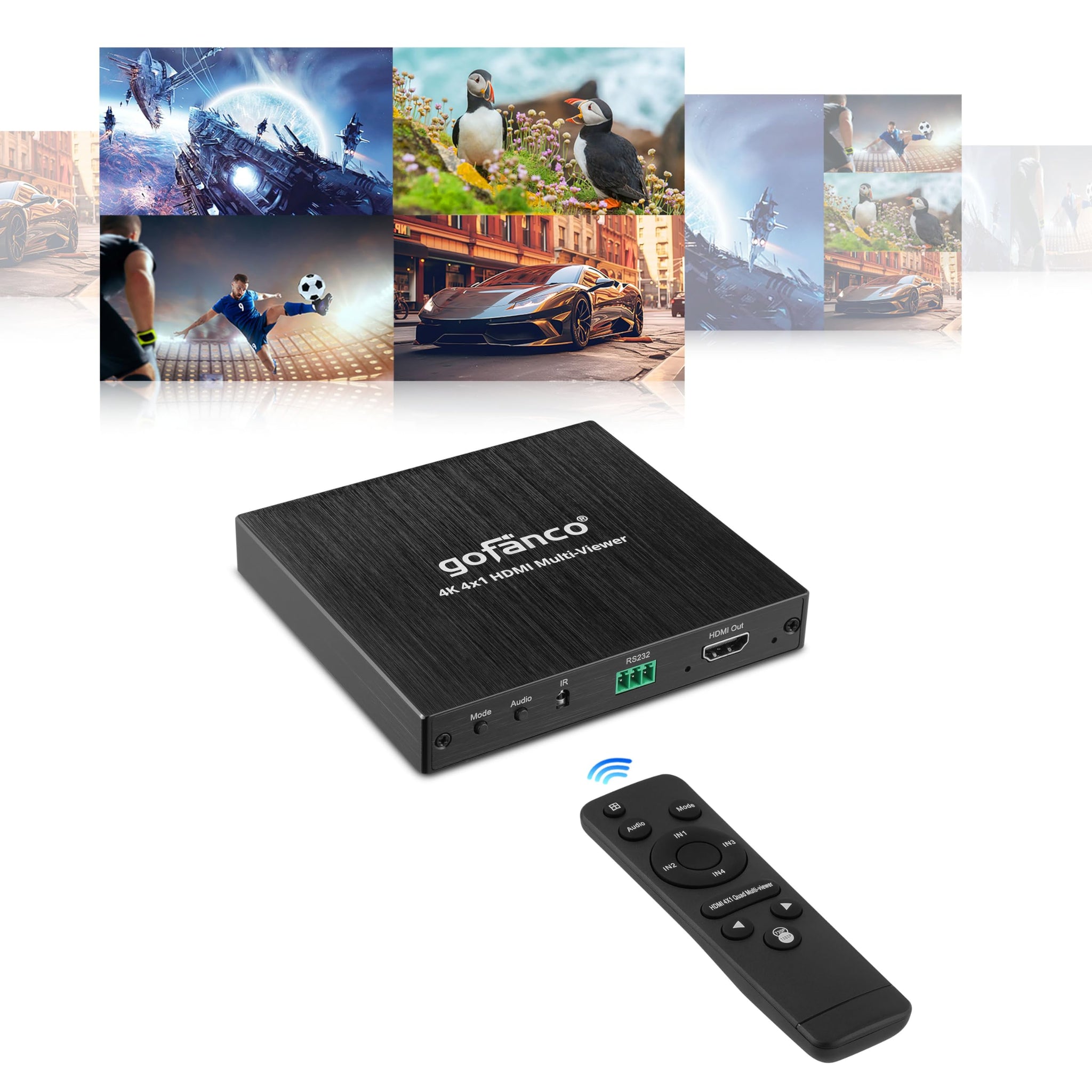 gofanco 4K 4x1 HDMI Multi Viewer (QuadView) with Remote - 4 HDMI Inputs (Devices) & 1 Output (Display), Up to 4K @30Hz, Seamless