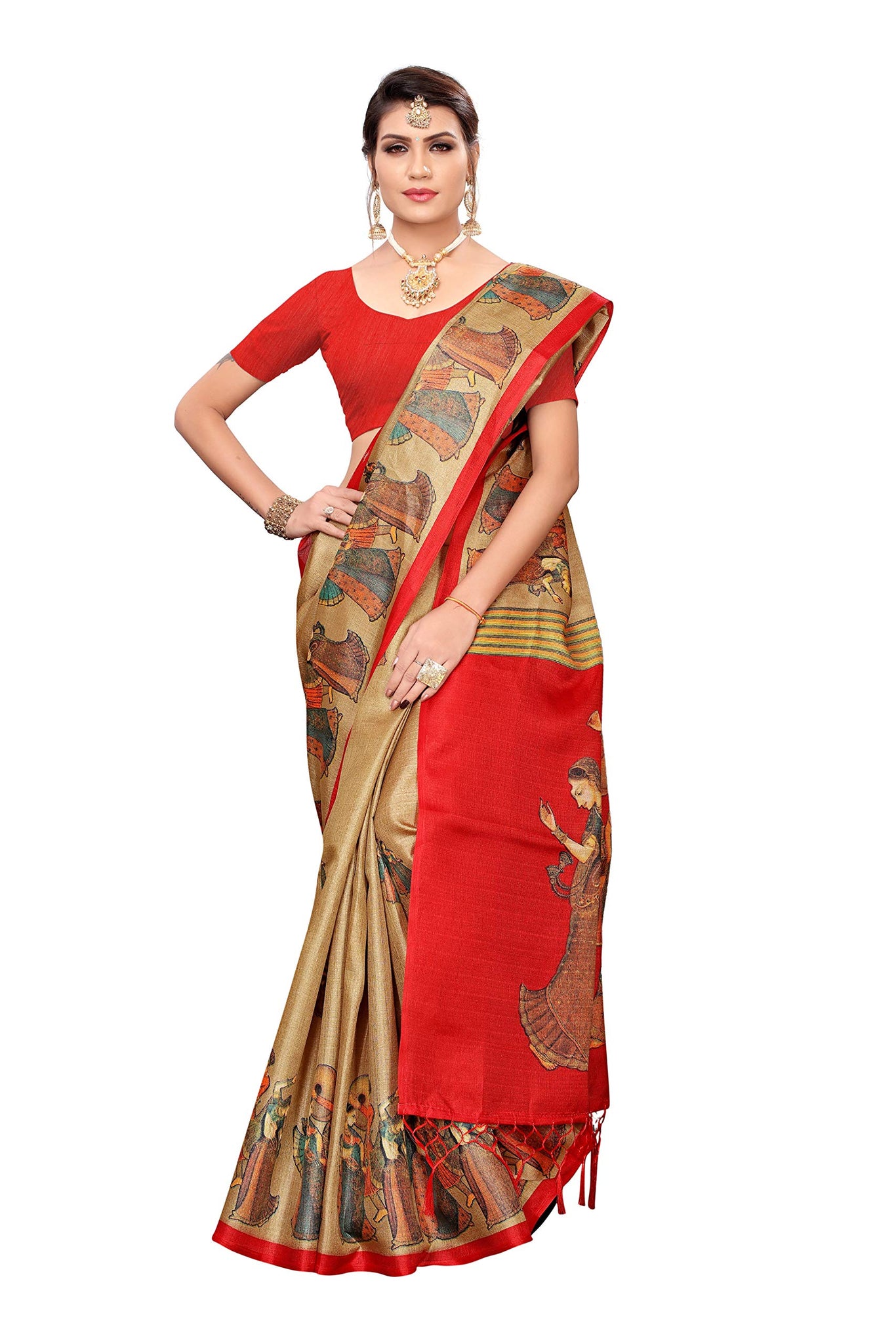 Gosriki Women'S Silk Blend Saree (Raja-Rani-Chiku_Beige),Beige,,B07T88S3QS