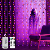 echosari Halloween Curtain Lights Battery Operated, 300 LED Purple Orange Fairy Curtain Lights 9.8Ft x 9.8Ft Hanging Lights with
