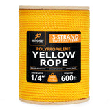 Yellow Twisted Polypropylene Rope, 1/4 Thickness x 600' Length Heavy Duty Poly Ropes for Outdoor and Marine Use, Yellow Rope for