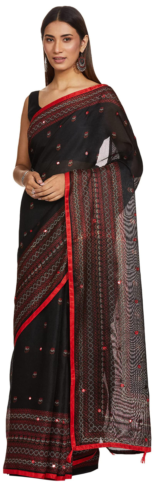 Anni Designer Womens Jute Silk Printed Mirror Embroidery Black Saree With Blouse,Black,Free Size
