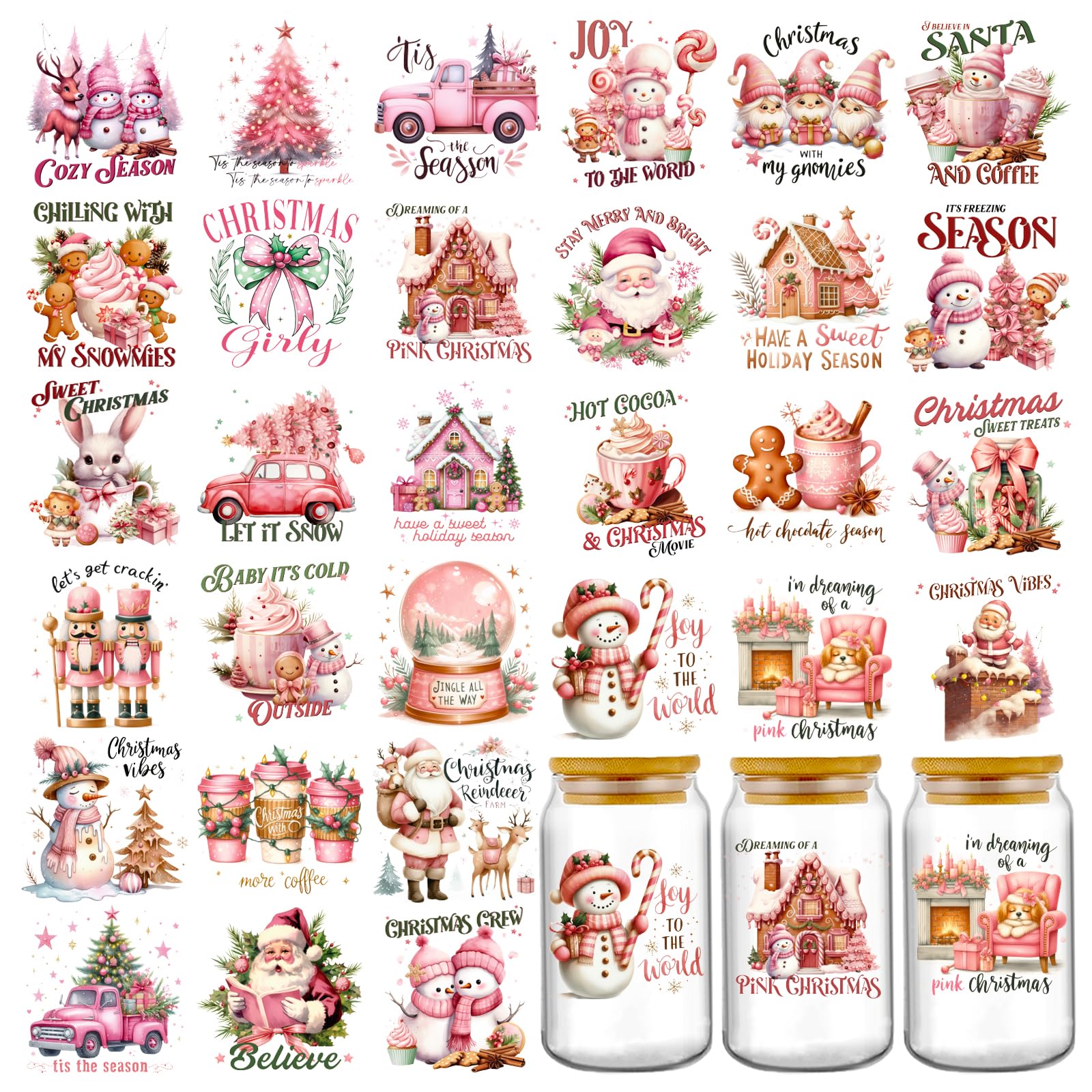 Christmas UV DTF Stickers - 30 Sheets Vintage Pink Santa Gingerbread Man UV DTF Cup Wraps for 16 oz Tumbler, Cute Elk Snowman Nu