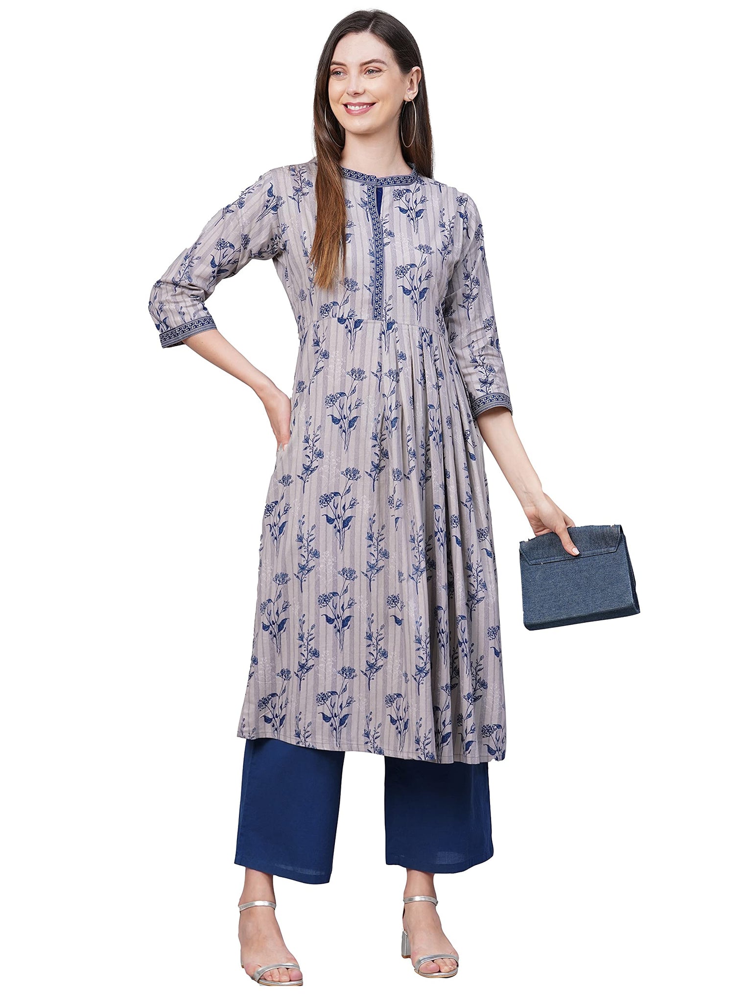 Anni Designer Women'S Pure Cotton Straight Printed (Brian Grey_L-Grey_Large),Grey,L